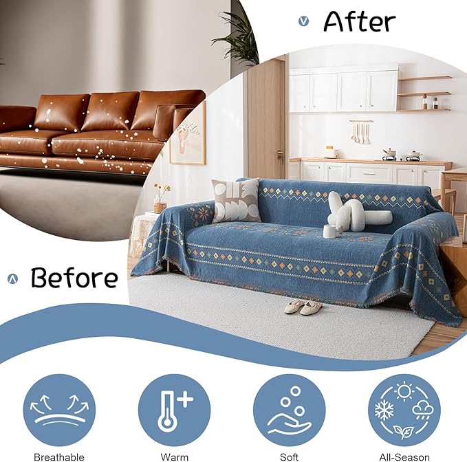 VClife Boho Couch Cover Blue Geometric Jacquard Pattern Sofa Cover, 1 Piece Large Couch Covers for 2 Cushion Couch Sofa Washable Plush Chenille Sofa Protector for Living Room, 71x118 Inch