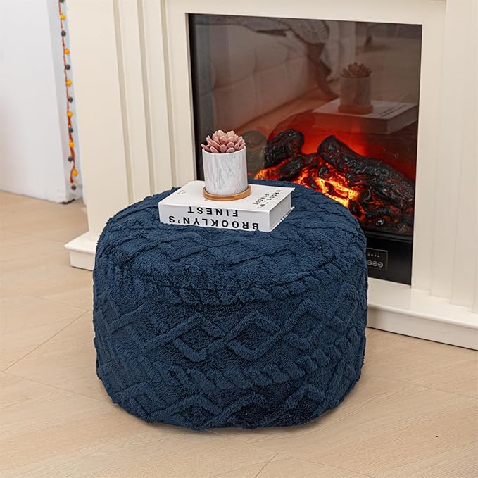 Unstuffed Pouf Ottoman Cover Handmade Footstool Ottoman Storage Solution Floor Pouf Footrest Cushion 20Diameter x12Height Inches for Living Room Wedding Bedroom Navy Blue No Filler