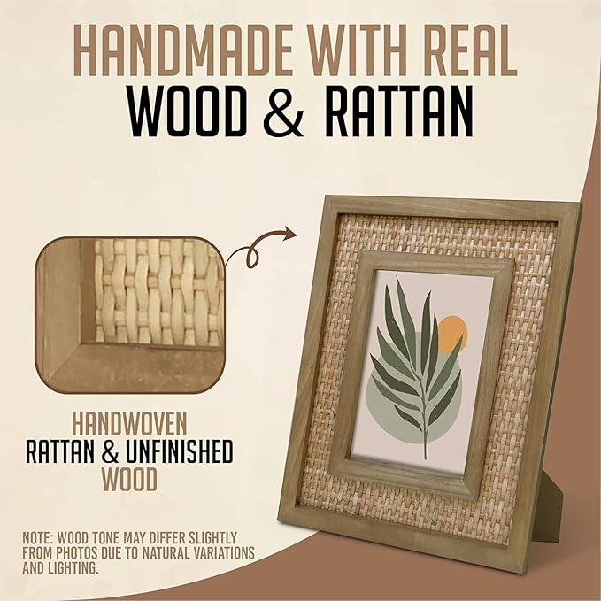 5x7 Picture Frame Handwoven Rattan (9.5"x11.5" Outer) - Fits 5"x7" Photos - Sawtooth Wall Hanger & Tabletop Stand - Natural Coastal Display