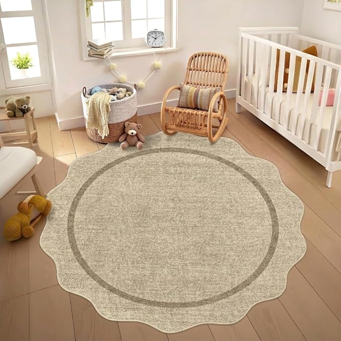 GarveeHome Scalloped Washable Round Rugs, Non-Slip Soft Round Rug 4ft Ultra-Thin, Small Boho Circle Stain Resistant Low Pile Carpet for Entryway Kitchen Bedroom Nursery Bathroom, Jute
