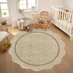 GarveeHome Scalloped Washable Round Rugs, Non-Slip Soft Round Rug 4ft Ultra-Thin, Small Boho Circle Stain Resistant Low Pile Carpet for Entryway Kitchen Bedroom Nursery Bathroom, Jute