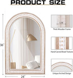 36 x 24 Inch Arched Wall Mirror with Beaded Wood Frame, Boho Farmhouse Decorative Arch Mirrors for Bathroom Over Sink, Living Room, Entryway