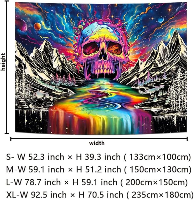 Lahasbja Blacklight Skull Tapestry UV Reactive Galaxy Mountain Planet Tapestries Magic Neon River Wall Hanging Aesthetic Skeleton Wall Decor Forest Trees Landscape Backdrop for Living Room