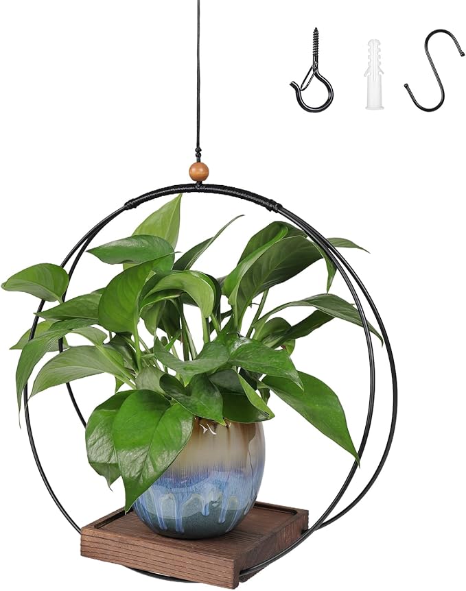 Hanging Plant Holder Indoor, Modern Boho Hanging Planter with Sturdy Wood Base, Unique Ceiling Plant Hangers for Indoor Plants, Ceiling Window Wall Home Decor (Black, Fit 3-5.5inch Pot)
