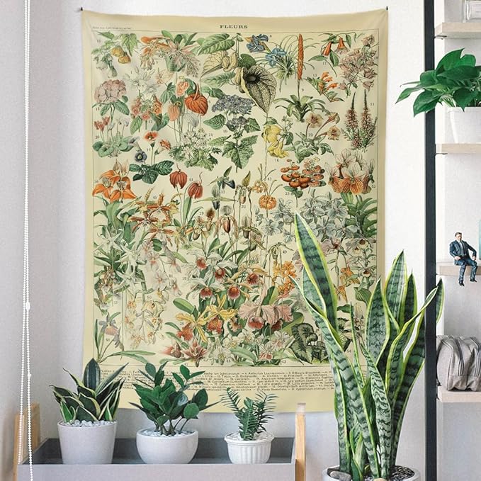 Vintage Flowers Tapestry 48”x36”, Long Vertical Wall Hanging Reference Illustrative Botanical Tapestries for Bedroom Aesthetic Floral Tapistry Botanical Plants Tapestry Wall Hanging Cute Bedroom Decor