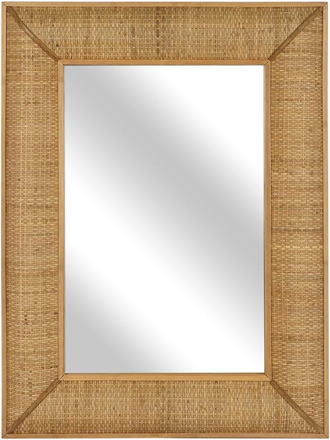 Boho Rattan Wall Mirror Wooden Framed Rectangle Mirror Rattan Decorative Farmhouse Hanging Mirror for Bathroom Vanity Entryway Living Room Home Wall Decor - 23.82" x 1.78" x 31.5"