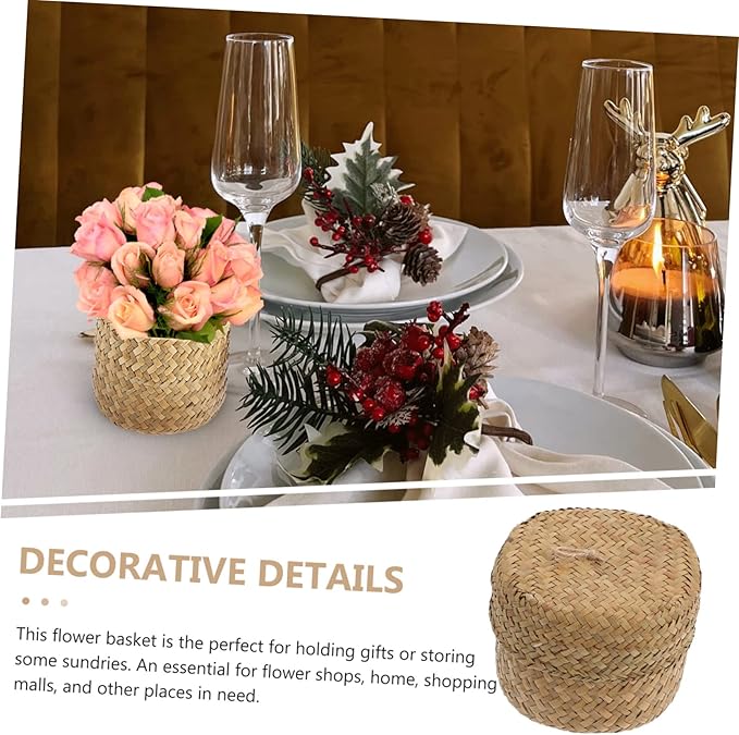 PRETYZOOM Woven Flower Basket with Lid Handmade Mini Storage Container for Sundries Seagrass Decorative Box for Home Parties and Flower Shops