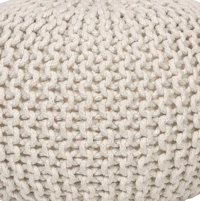 Decor Therapy Lola Round Knit Lurex Yarn and Cotton Pouf, Off-White 20x20x14