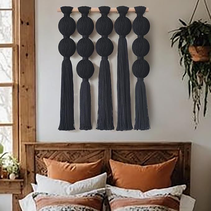 Jakalin Macrame Wall Hanging Black Boho Wall Art Tassel Wall Decor Modern Fiber Wall Art for Living Room Bedroom Office