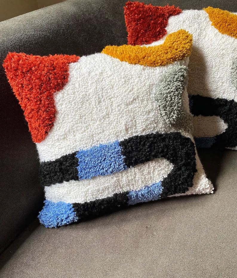 Abstract Tufted Throw Pillow Cover, Modern Geometric Art Decorative Pillowcase, Colorful Red Yellow Blue Black Tufted Cushion Cover for Sofa Couch Living Room Bedroom, 18x18 Inch (Pillow Insert Not In