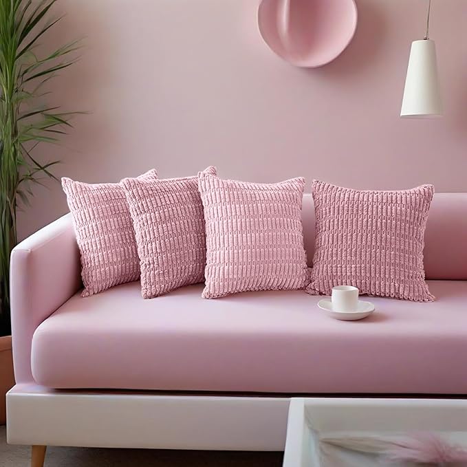 4 Pack Corduroy Decorative Boho Couch Throw Pillow Covers 18x18 Inch for Sofa Living Room Bedroom Home Decor (4_Pink_Corduroy)