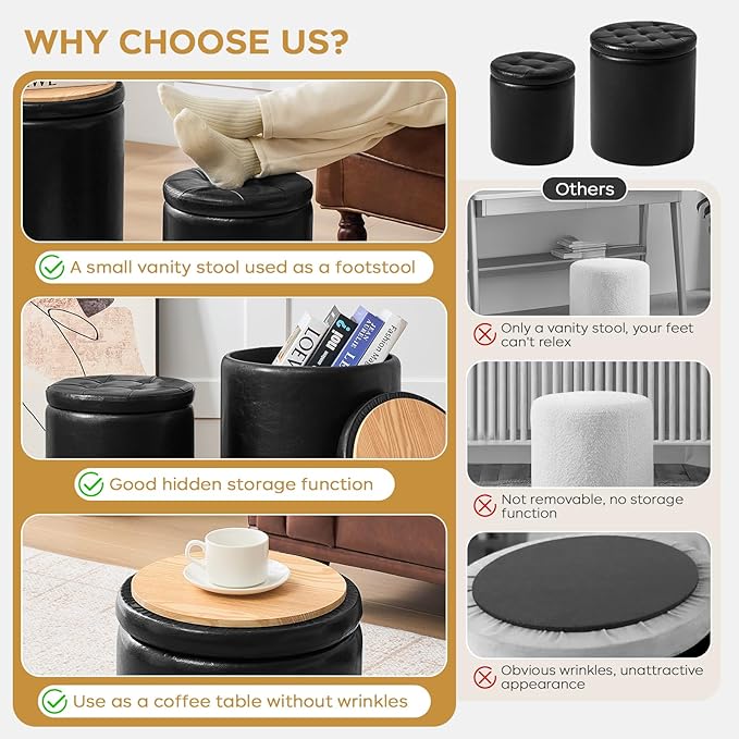 Round Ottoman with Storage Set of 2, 12.6" W x 14.17" H & 14.76" W x 17.32" H Faux Footstool Storage Ottomans for Bedroom, Living Room Padded Coffee Table Ottomen, Black