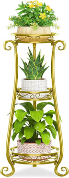 KMOTASUO 3 Tier Metal Plant Stand for Multiple Large Planters Indoor Outdoor Organizer, Heavy Duty Tall Flower Rack for Corner Patio Bathroom Office Corner, Modern Sturdy Vertical Iron Rack, Gold