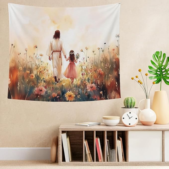 bitCNY Jesus and Girl Tapestry 60x50 Inches – Christian Tapestry for Kids Room, Gentle Faith Wall Hanging, Religious Art for Family Spaces