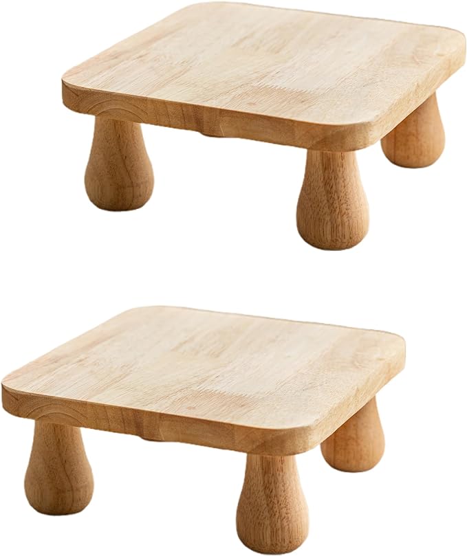 100% Solid Wood Plant Stand Indoor, Wooden Stool Display Stand, Riser Flower Pot Holder, Modern Plants Rack, Small Planter Tray for Home Decor, Living Room, Gardening, Natural (2PCS)