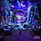 Huzuya Blacklight Fantasy Forest Tapestry Neon Waterfall Tapestries UV Reactive Galaxy Space Tapestry Colorful Floral Plants Tapestries Wall Hanging Backdrop Room Decor for Bedroom
