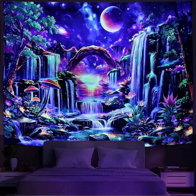 Huzuya Blacklight Fantasy Forest Tapestry Neon Waterfall Tapestries UV Reactive Galaxy Space Tapestry Colorful Floral Plants Tapestries Wall Hanging Backdrop Room Decor for Bedroom