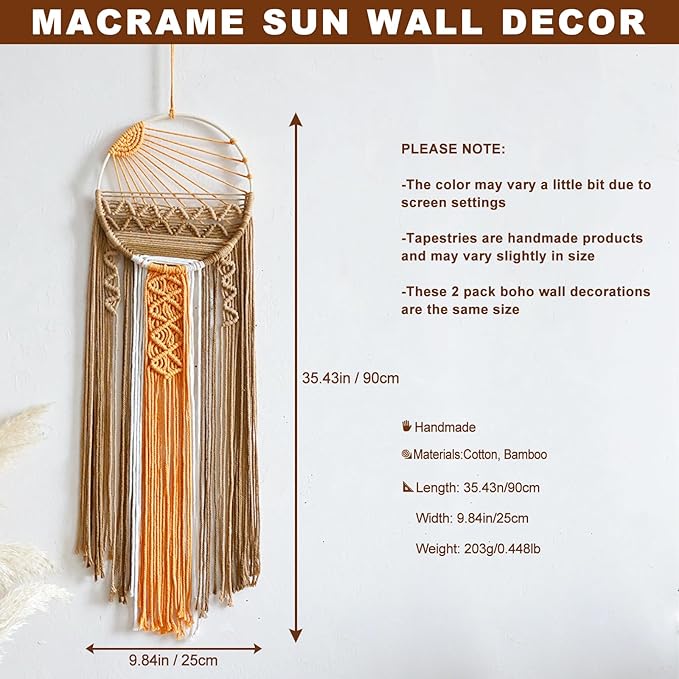2 Pack Macrame Sun Wall Decor Set - Hand Woven Sunrise Sunset Boho Hanging Tapestry Wall Art, Orange Brown Rustic Dream Catcher Home Decor for Bedroom Living Room Nursery (Brown 2pcs)