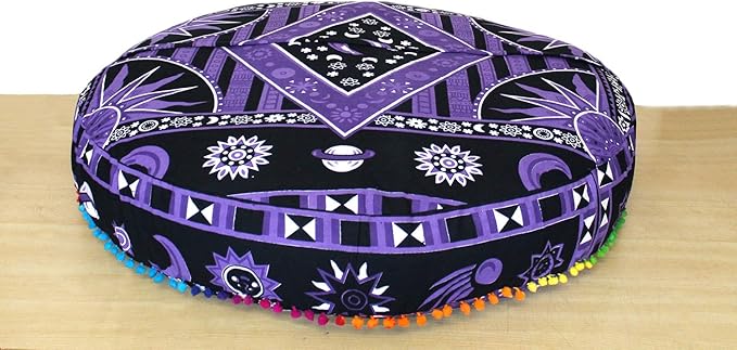 ICC Large Hippie Mandala Round Floor Pillow Cover Ottoman Pouf Cover Daybed Oversized Cotton Cushion Cover with Heavy Duty Zipper Seating Ottoman Poufs Dog-Pets Bed (Purple Burning Sun, 35" Round)