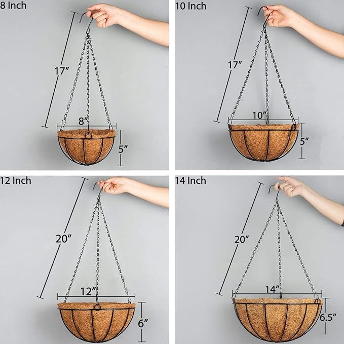 Kingbuy 12-Inch Metal Hanging Basket with Coconut Liner - Rust-Resistant Wire Planter Flower Pot Holder for Indoor Outdoor Plants, Garden Balcony Patio Decoration - 2 Pack