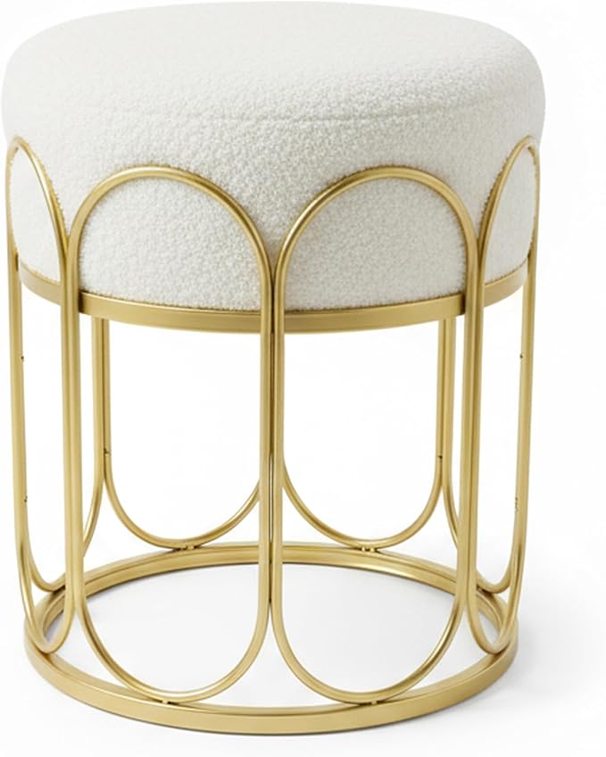 Already Installed Modern Gold metal Round Vanity Stool - White Sherpa Ottoman & Gold Frame Pouf, 17.7" Boucle Fuzzy Foot Rest for Bedroom Makeup, Small Plush Mid Century Chair (300lbs Capacity)