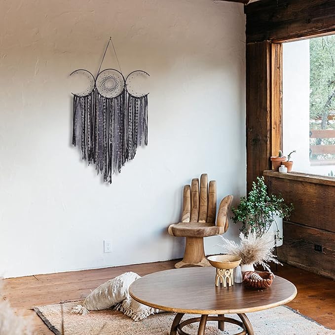ANROYE Black Triple Moon Goddess Macrame Wall Hanging, Wicca Crescent Dream Catcher for Witch Home, Dreamcatcher for Bedroom Decoration, Pagan Woven Tapestry for Wiccan Adults Decor