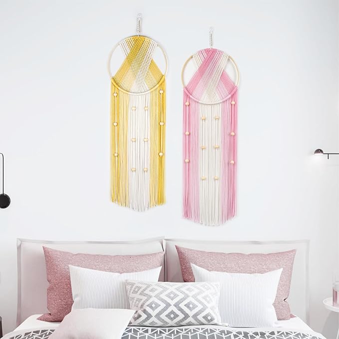 LB 2Pc Boho Macrame Wall Hanging Boho Aesthetic Wall Decor Pink and Yellow Hand Woven Cotton Macrame Wall Art with Wood beads Modern Tapestry for Home, Bedroom, Living Room