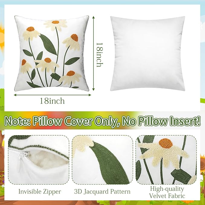 Breling 2 Pack Spring Embroidered Floral Pillow Covers 18x18 Inch Daisy Decor Decorative Velvet Boho Pillow Cases Embroidered Tufted Couch Pillows Covers for Living Room Sofa Bed Spring Decor