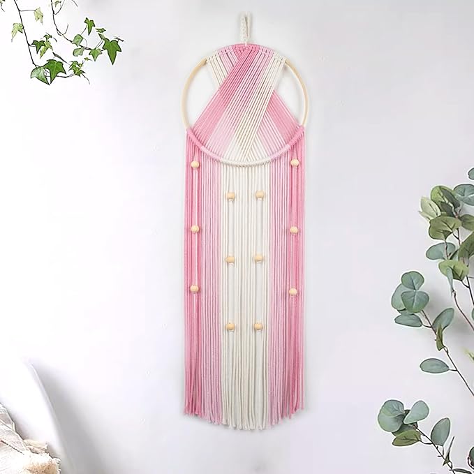 EOBTAIN Pink Macrame Wall Hanging Dream Catchers Pink and Beige Woven Tapestry Wall Art with Ombre Tassel, Boho Macrame Wall Decor for Bedroom Living Room Apartment Home,31.5L x9.84W Inch