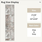 Runner Rug 2x10 Washable Non-Slip Hallway Runner Rugs for Kitchen Bathroom Laundry Room Pink/Grey Vintage Floor Carpet Runners for Hallways Entryway
