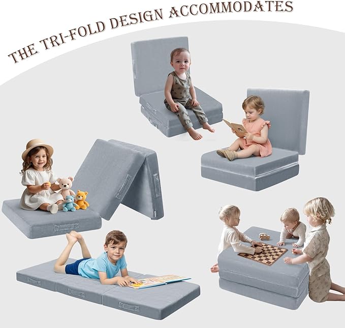 MeMoreCool Foldable Floor Mattress Kids Trifold Mat, Kids Folding Mattress Portable Futon, 75x25 Inch Grey