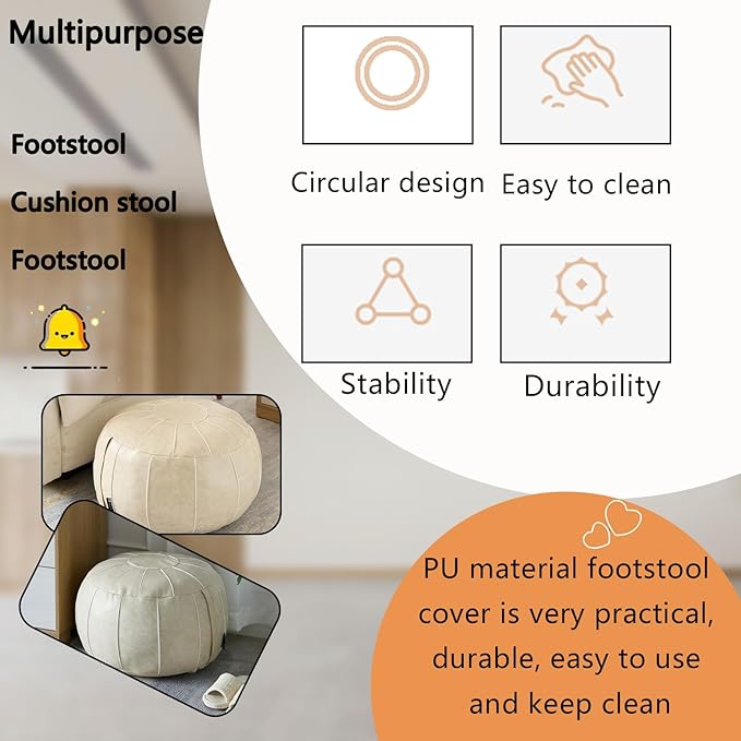 Louis Donné Unstuffed Pouf Ottoman Cover, 21Inch Moroccan Handmade Faux Leather Footstool Pouffe Ottomans Cover, Round Storage Pouf Stool Exotic Home Décor for Living Room Bedroom(ONLY Cover)