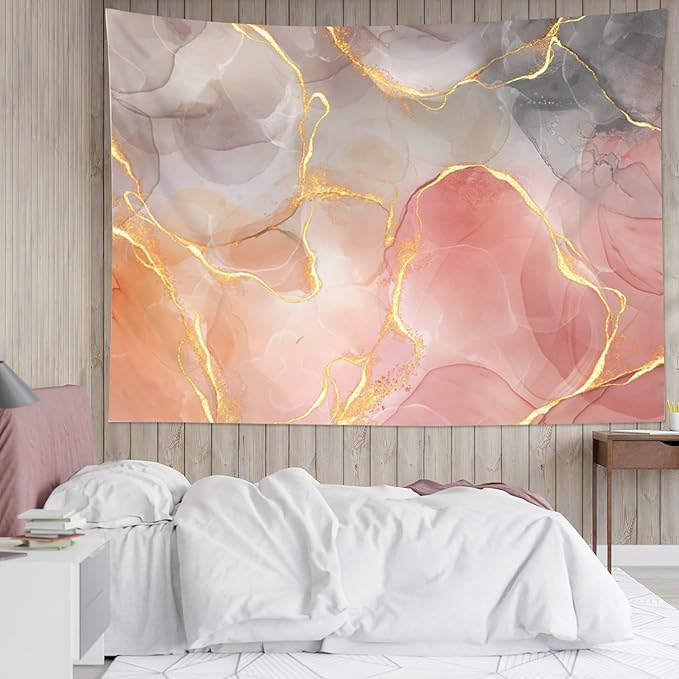 LB Pink Marble Tapestry Wall Hanging Grey Geometric Gold Striped Tapestry Abstract Minimalist Tapestries Backdrop Art Decor for Bedroom Living Room College Dorm,59Wx51H inch