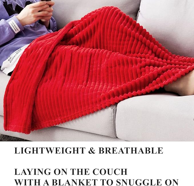 MIULEE Red Fleece Throw Blanket for Couch 300GSM Super Soft Lightweight Plush Striped Throws, Red Warm Cozy Breathable Ribbed Flannel Blanket for Bed/Sofa, Twin Size 60"x80"