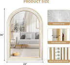 36x24 Inch Farmhouse Wooden Arched Wall Mirror, Distressed Frame with Beaded Boho Detail, Decorative Mirrors for Bathroom Over Sink, Living Room, Entryway, Hallway