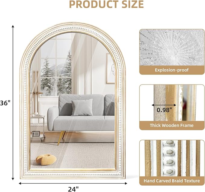 36x24 Inch Farmhouse Wooden Arched Wall Mirror, Distressed Frame with Beaded Boho Detail, Decorative Mirrors for Bathroom Over Sink, Living Room, Entryway, Hallway