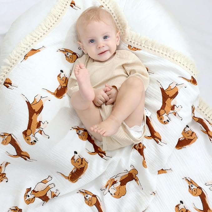 insular Cotton Muslin Baby Blanket with Tassel, Boho Bohemian Muslin Swaddle Blanket Baby Receiving Blanket with Fringe, Nursery Decor Throw or Nursing Blankets, 47" x40”, Labrador