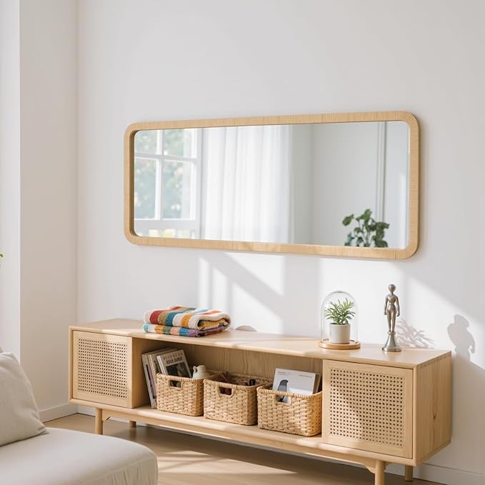20x55 Inch Long Rattan Mirror Rattan Full Length Mirror Rectangle Wooden Framed Full Body Mirror Floor Mirror Lean Against Wall Farmhouse Wicker Mirror for Bathroom Entryway Living Room Bedroom