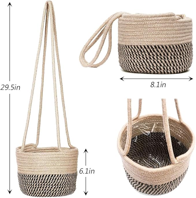 Hanging Planter Basket Jute Rope Woven Plant Hangers 2 Pack Jute Rope Hanging Basket Woven Storage Organizer Home Decor (2, Coffee Color)