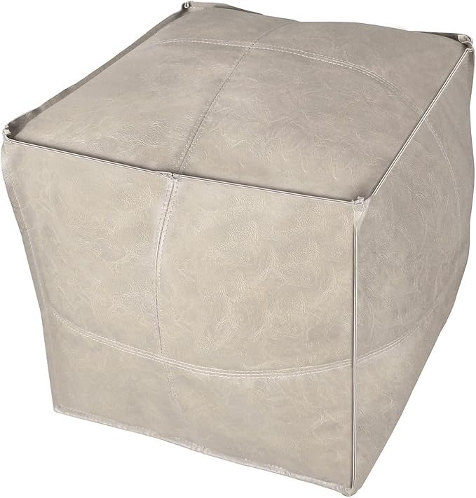 Louis Donné UNSTUFFED Leather Pouf Ottoman Cover, Handmade Faux PU Footstool Pouffe Ottomans Cover,17.7" Grey White Foot Rest for Living Room, Floor Chair for Christmas Decorations Gift(ONLY Cover)