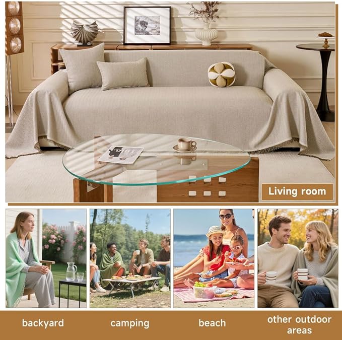 ROOMLIFE Boho Khaki Couch Covers for 3 Cushion Sofa, Couch Cover Sectional Sofa Cover for Dog, Washable Furniture Sofa Protector Cover Soft Blanket with Tassel for Living Room, 71''X118''
