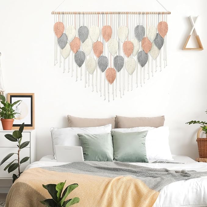 Alynsehom Large Macrame Wall Hanging, Boho Woven Tapestry, Chic Modern Bohemian Handmade Leaf Feather Wall Art Home Decor for Apartment Dorm Living Room Bedroom Nursery Backdrop (51.5" W X 33.5" L)