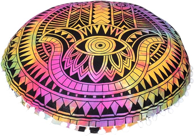 CRAFT KALA Boho Large Floor Pillow Pouf Cover Mandala Meditation Room Pillow Cover for Adults Round Bohemian Seating Pouf Cushion Cover for Kids Playroom 22" Multi Hamsa