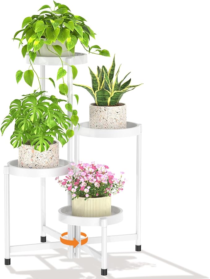 LASZOLA 4 Tiered Plant Stand Indoor Outdoor with Plastic Tray, Corner Folding Tall Flower Display Rack, Modern Plant Holder Shelf for Outdoor Patio Porch Garden Office Living Room, White