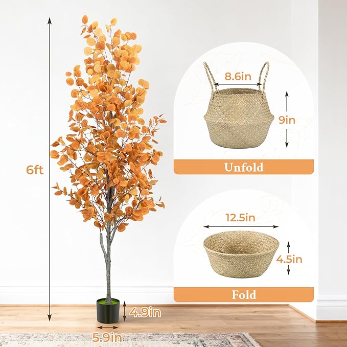 6FT Fall Artificial Eucalyptus Tree with Wicker Basket, Orange Potted Faux Eucalyptus Trees, Autumn Fake Eucalyptus Plants, Lifelike Leaves & Natural Trunk for Home Office Bedroom, Indoor
