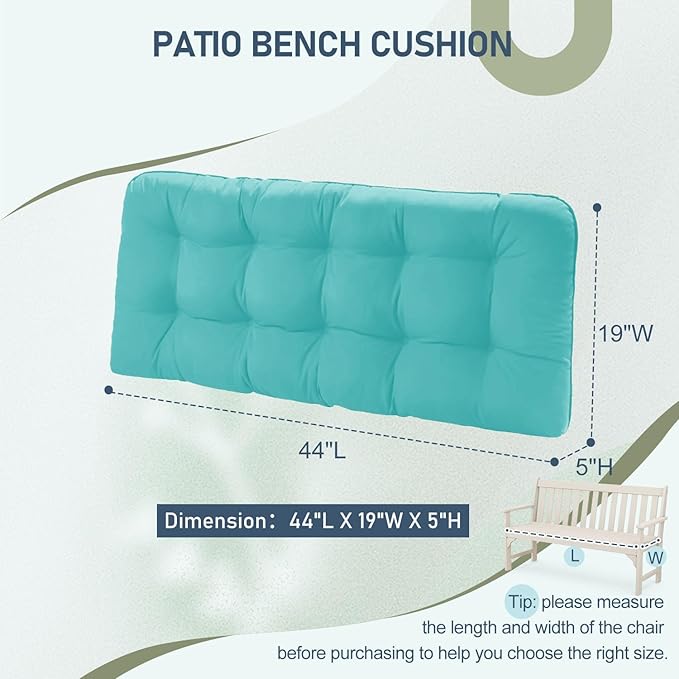 downluxe Outdoor Bench Cushion for Patio Furniture, Water Resistant Tufted Overstuffed Porch Swing Cushions, Thick Outdoor Loveseat Cushions, 44" X 19" X 5", Teal, Set of 1