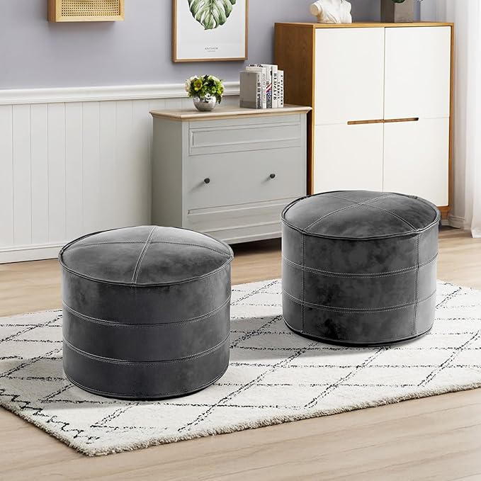 Leather Ottoman,Handmade Stuffed Square Ottoman,Genuine Leather Pouf, Foot Rest Pouf,Comfortable Soft Seating for Living Room & Bedroom (Grey, 1 Round)