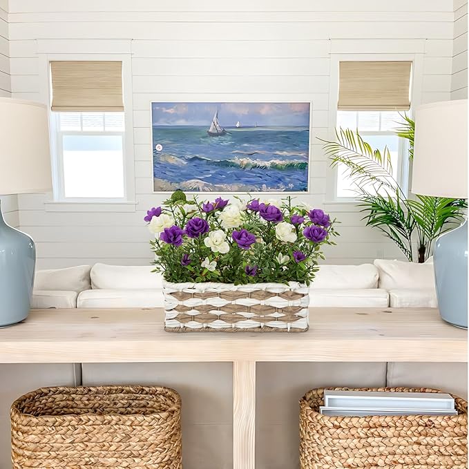 Artificial Rose Flowers with Woven Basket, Faux Roses in Fake Rattan Planter for Table Centerpiece, Romantic Floral Arrangement for Home Bathroom Office Desk Spring & Rustic Decor, Cream White Purple