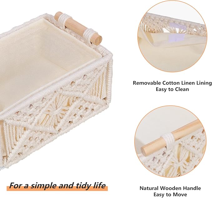 ANMINY 3PCS Macrame Storage Baskets for Organizing Boho Decor Baskets Storage Bins with Wood Handles Handmade Decorative Storage Boxes with Removable Liner Toilet Tank Bathroom Self Basket Organizer