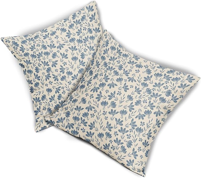 Light Blue Floral Pillow Covers 18x18 Set of 2 Vintage Rustic Old Style Cute Small Flower Blue Cream Print Decorative Outdoor Pillowcases Farmhouse Throw Cushion Case Decor for Couch Sofa Bed